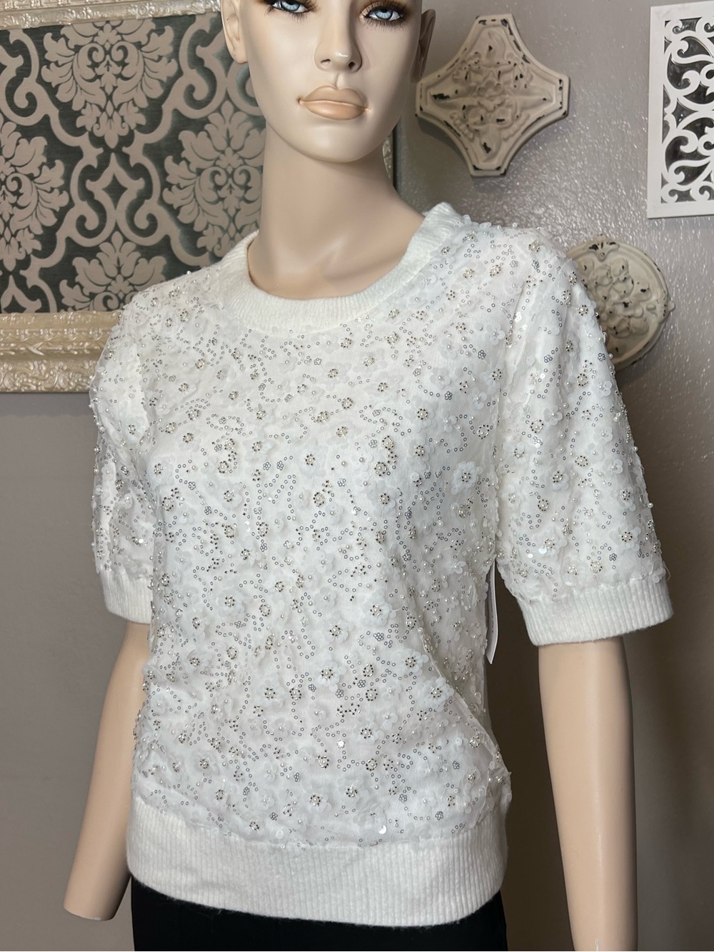 Liz Claiborne White Short-Sleeve Sequin Floral Sweater NWT